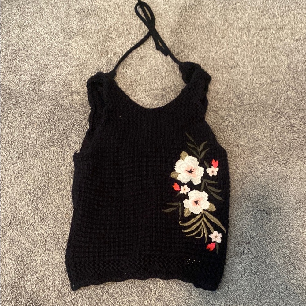 Embroidered Black Crochet Top Hollister